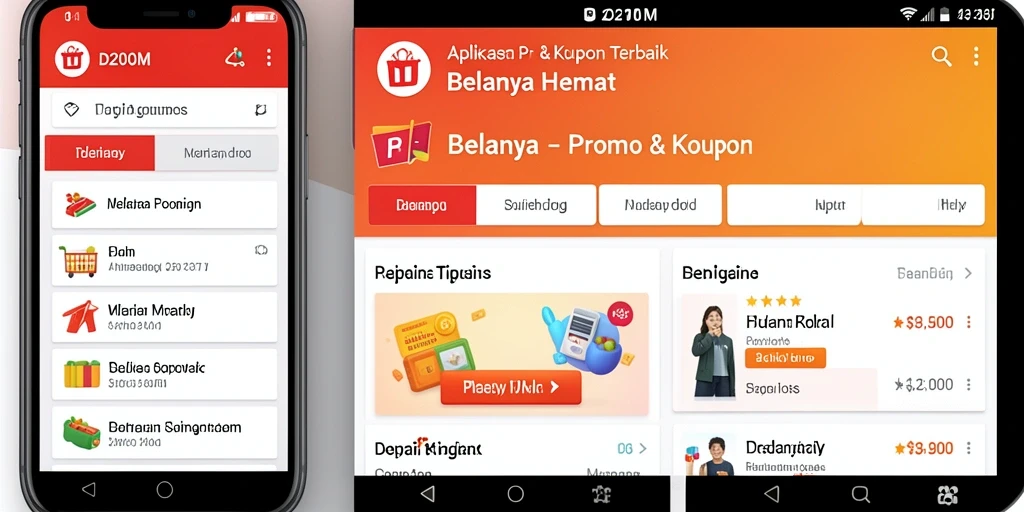 Tampilan antarmuka aplikasi D200M dengan berbagai kupon menarik.