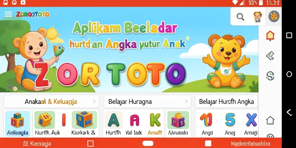 Antarmuka interaktif aplikasi ZOROTOTO untuk belajar huruf dan angka.